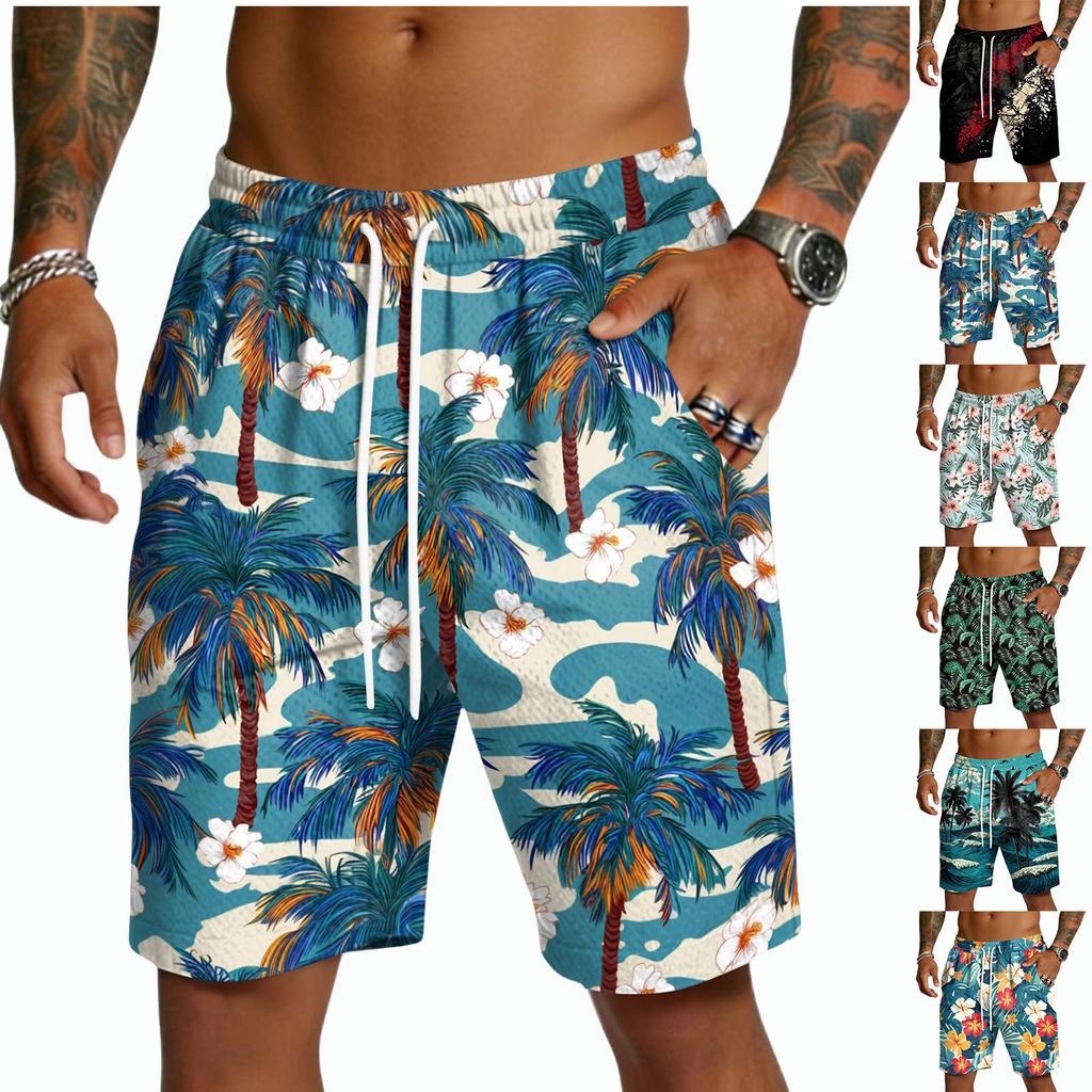 Men Drawstring Casual Shorts Lightweight Quick Dry Five Inch Inseam Relaxed Fit with Hawaiian Print for Daily Wear Beach Sports