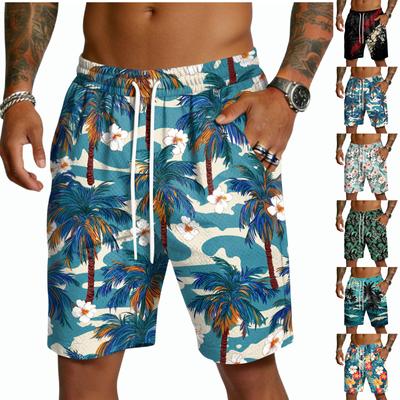 Herren Freizeit-Shorts mit Kordelzug, Leicht, Schnelltrocknend, 5 Zoll Schrittlänge, Hawaiianischer Print, Strand-Badehose mit Elastischem Bund und Taschen