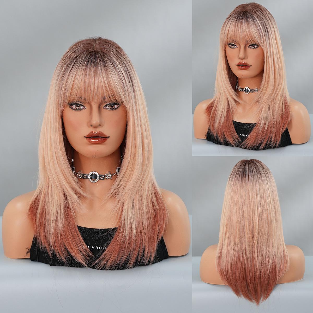 

Women’s 20-Inch Blonde Long Wig with Bangs Siamese Cat Layered Style Dyed Synthetic Hair Full Wig рожевий