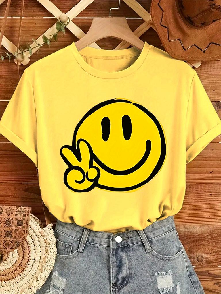 Womens Geometric Joyful Face Smile Print TShirt Casual Short Sleeve Crew Neck Top Comfort Summer Women Clothing