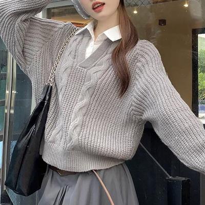 Damen College-Stil Zweiteiliger Zopfstrickpullover - Lockere Passform, Lange Ärmel für den Herbst