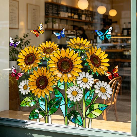 Colorful Spring Floral Window Cling Double-Sided Static Glass Sticker Stained Glass Effect Flowers Butterflies Window Decal for Kitchen Bedroom