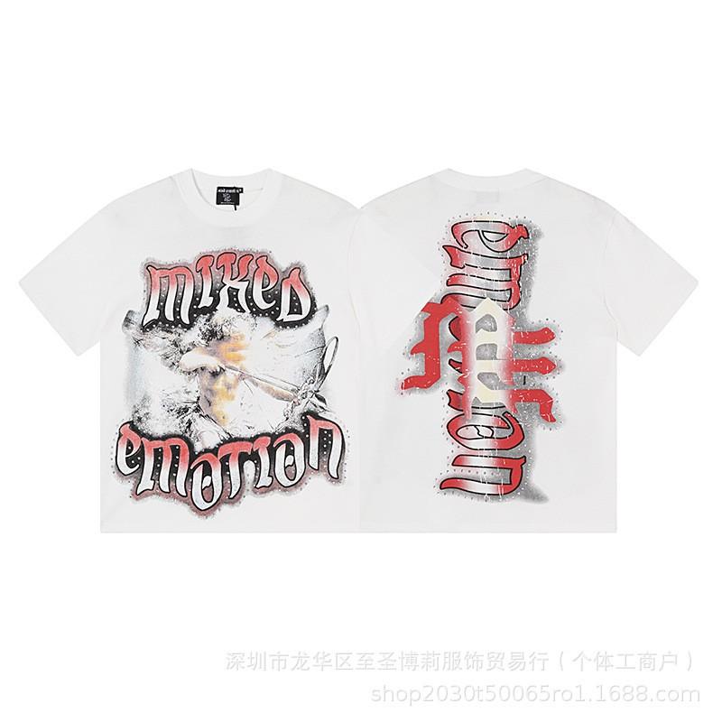 Unisex Vintage American Style Loose Fit Cotton Tee With Embellished Letter Print Round Neck Short Sleeve