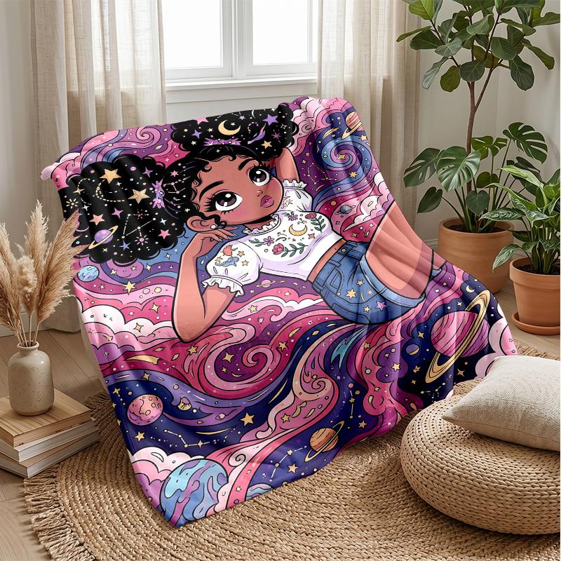 

Cosmic Afro Girl Adventure blanket Personalized Name Flannel Blanket Soft Cozy Plush Throw for Sofa Bed Lightweight Home Decor 75x90cm