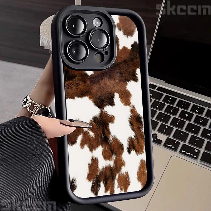 Custodia per Telefono con Fantasia Pelle di Mucca Marrone Vintage per iPhone 16 Pro Max 15 14 13 12 11 16E 7 8 Plus X XS XR Cover Morbida Antiurto Opaca