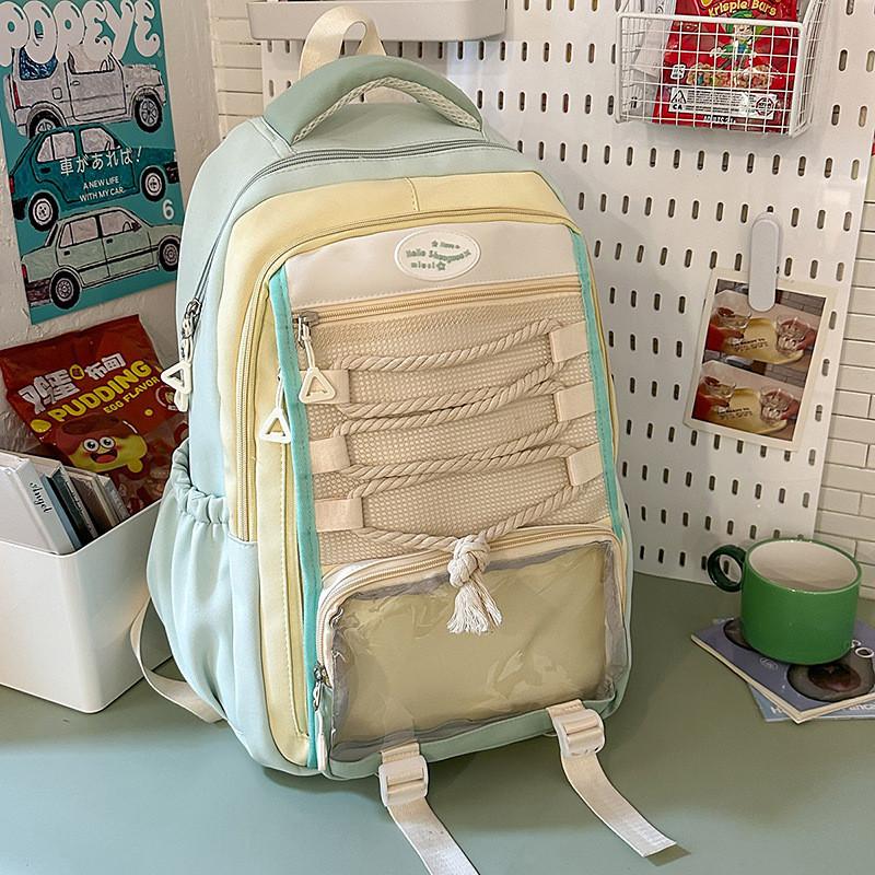 Nylon Backpack For Teens With Colorful Splicing And Letter Pattern For Daily Use