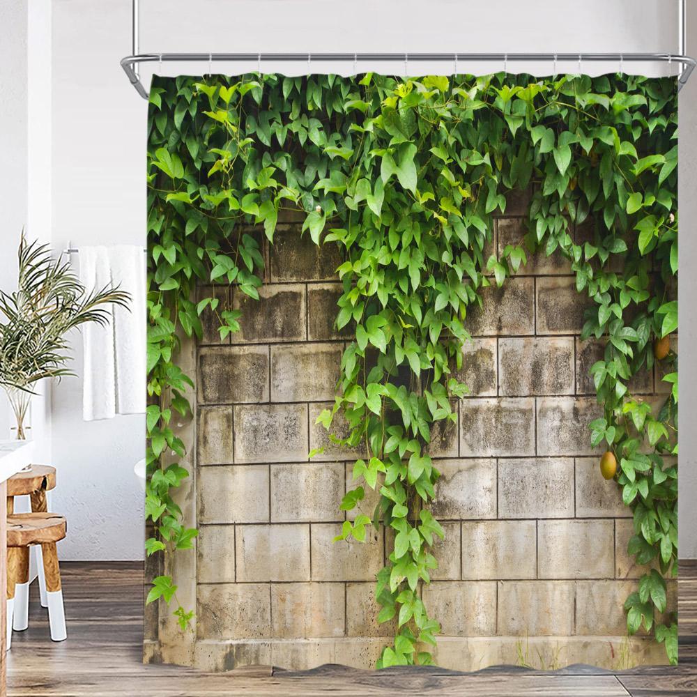 

Green Vines Bathroom Curtains Brik Stone Wall Plants Bath Decorations Shower Curtain Polyester Fabric Bathtub Curtain with Hooks 90x180cm-35x70in