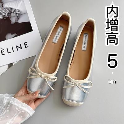 Inner Height Increase of 5 Cm~ Sweet Square Round Head Small Man Silver Light Mouth Bow Ballet Shoes Single Shoes
