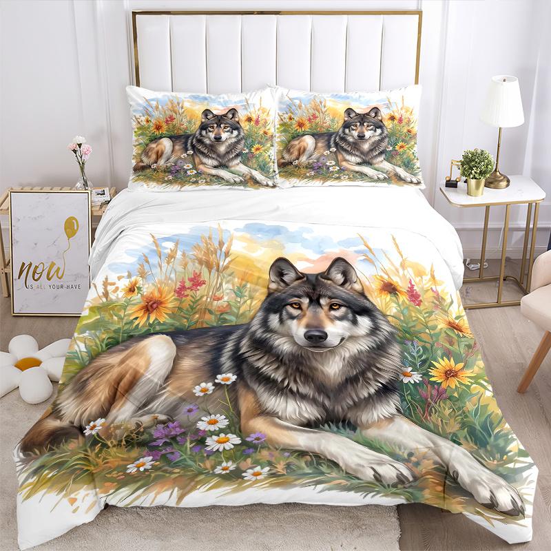 3pcs Wolf's Peaceful Rest amidst Nature's Bounty Quilt Cover Set - Soft and Cozy Bedroom, Guest Room and Dorm Decorative Bedding