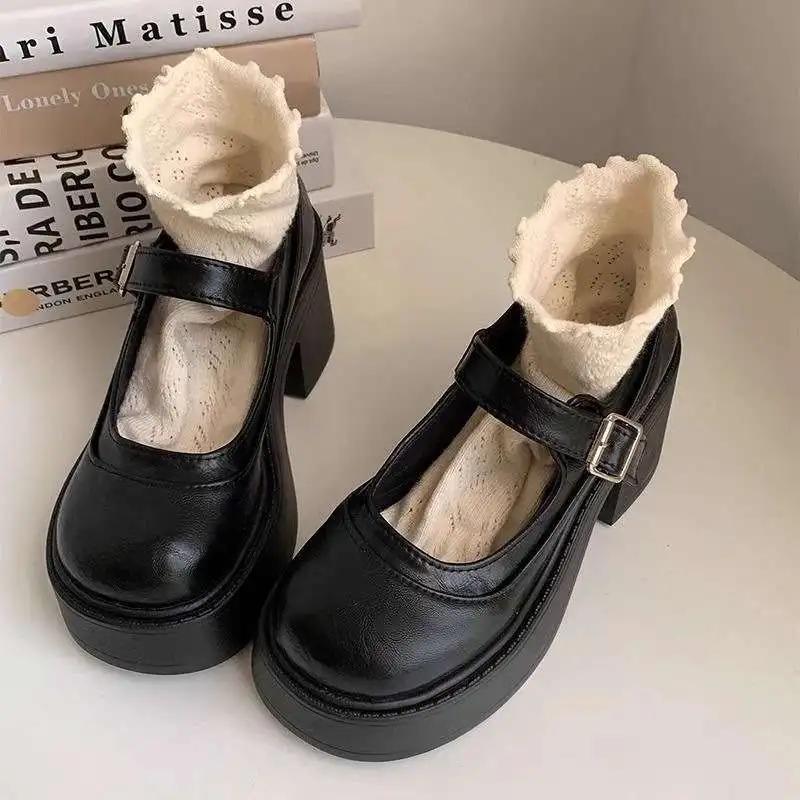 Fashion Thick Bottom  High Heels Women's 2025 Spring Autumn Shallow Ruched Preppy Style Student Shoes Leather Shoes