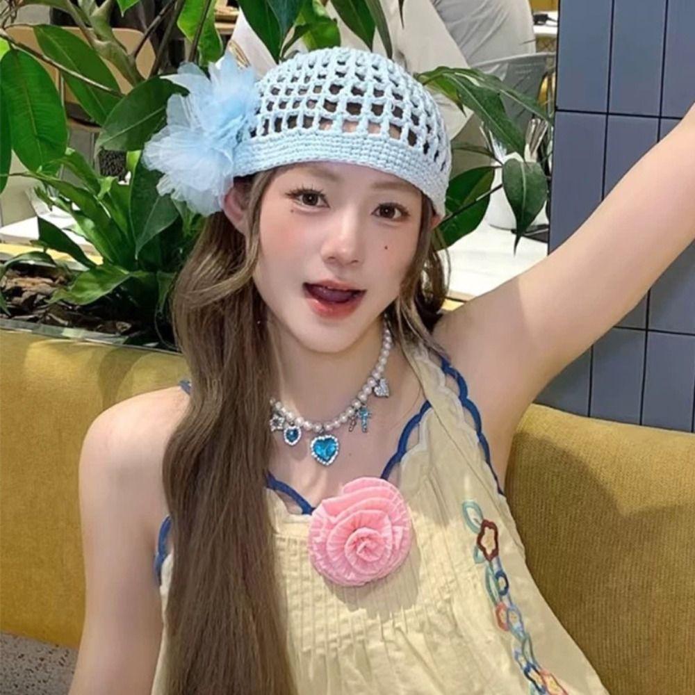 Bohemian Style Crochet Flower Hat Thin Hollow Out Knitted Hat Casual Beanies Hat  Girls