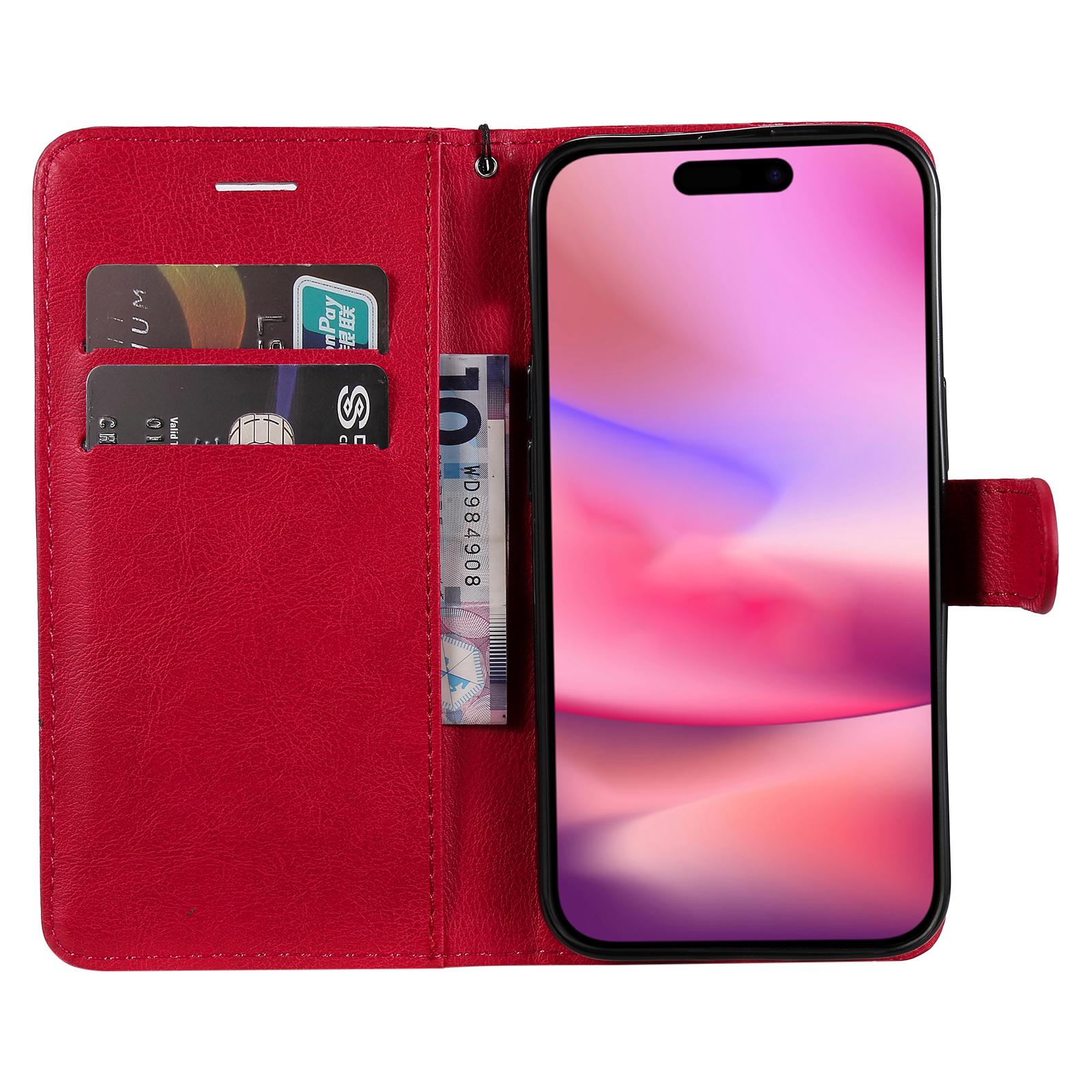 

For iPhone 16 Case Solid Color Leather Mobile Cover Wallet Stand with Strap