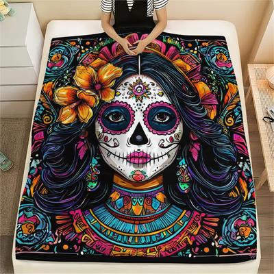 1PC Skeleton Print FlAannel Blanket, High Quality Comfortable for All Seasons, Home Decor, Warmth and Comfort