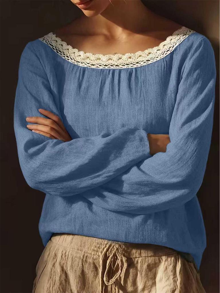 Chemise Longue en Lin et Dentelle Européenne Printemps-Été pour Femme - Couleur Unie, Col Rond