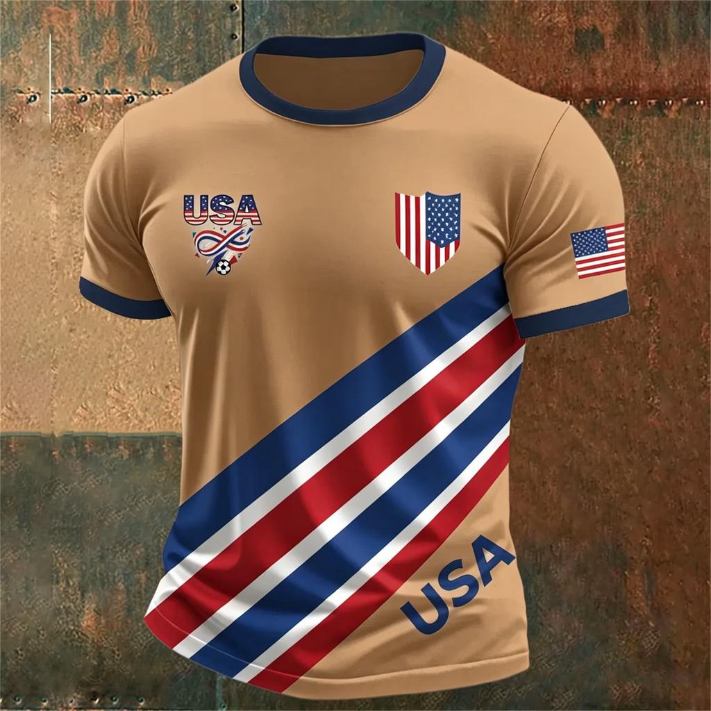 Men’s USA Football Print Crew Neck Classic Fit Short Sleeve T-Shirt with Striped Shield and Flag Design for Sports Fans