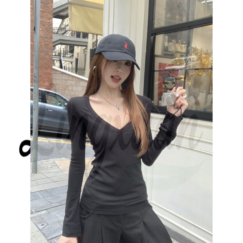 Spring 2026 Korean Style Women s V-Neck Slim-Fit Long Sleeve Base Layer Top Medium чёрный