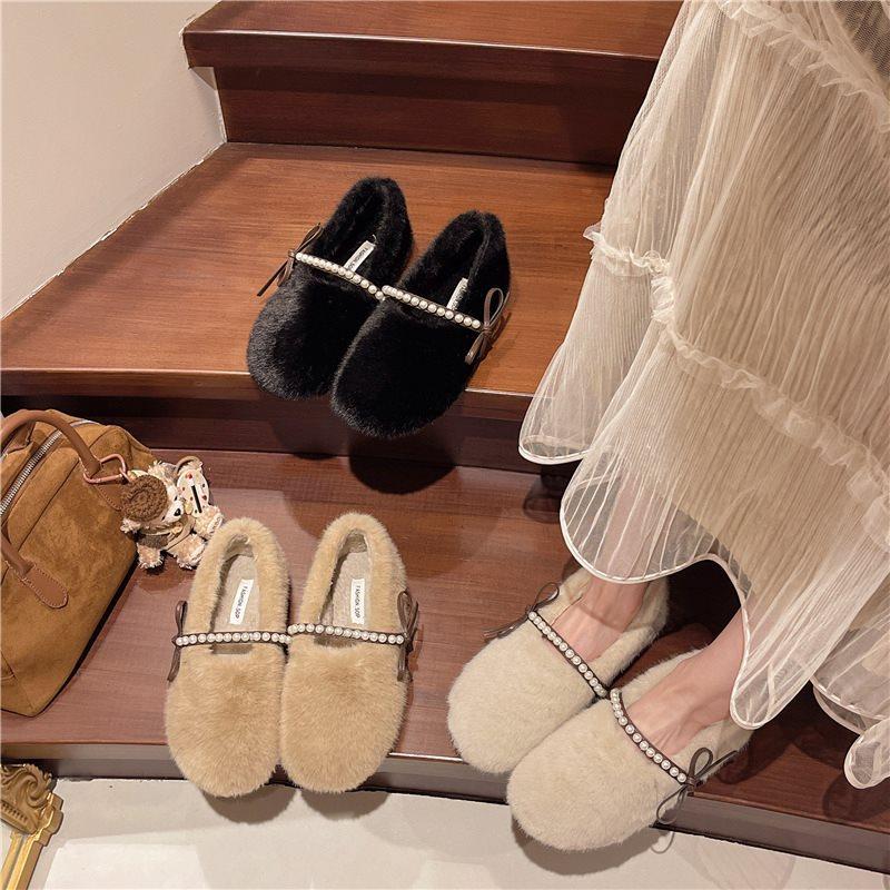 Versatile women's shoes new velvet Xiaoxiangfeng one-pedal fluffy women Mary Jane casual 2025 warm winter trendy models