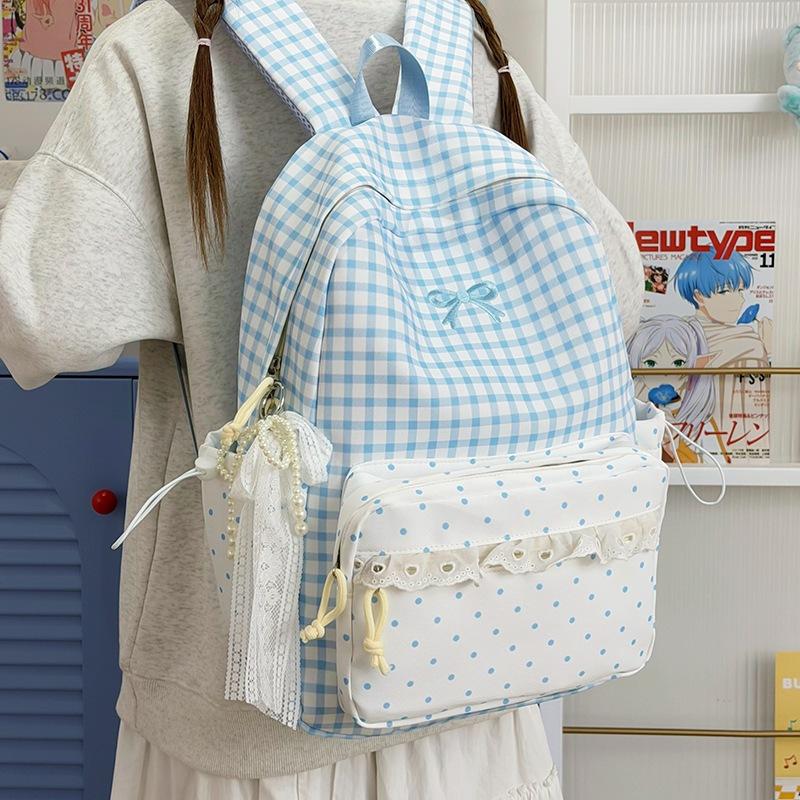 Schoolbag Japanese ins High-value girls backpack Large capacity backpack Lace lace plaid Junior high school student schoolbag