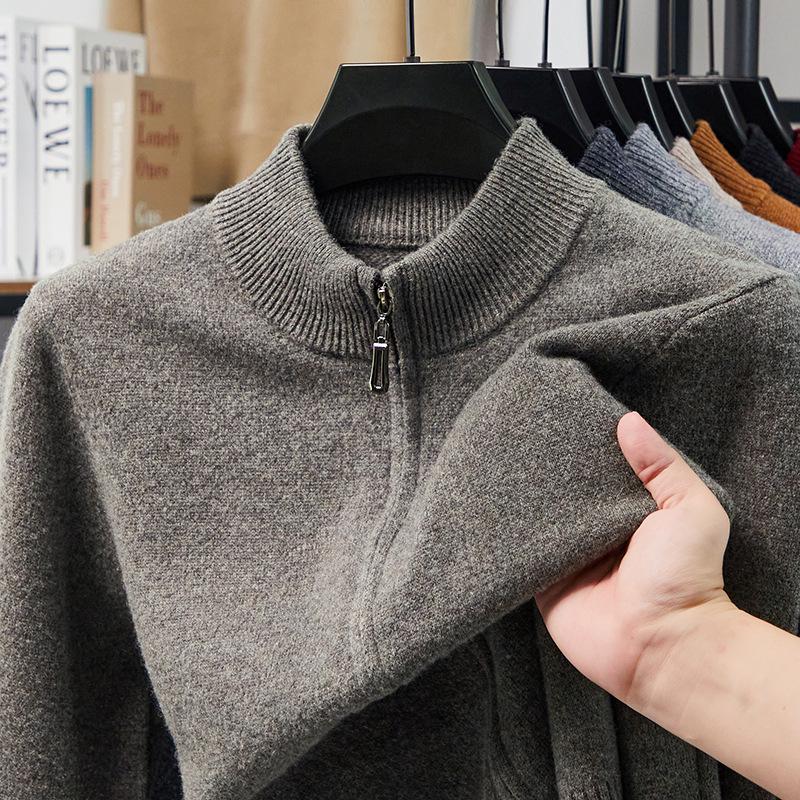 Męski gruby wełniany sweter rozpinany, kołnierz stojący, 520g, gruba gładka tkanina, casualowa ciepła odzież wierzchnia na zimę.