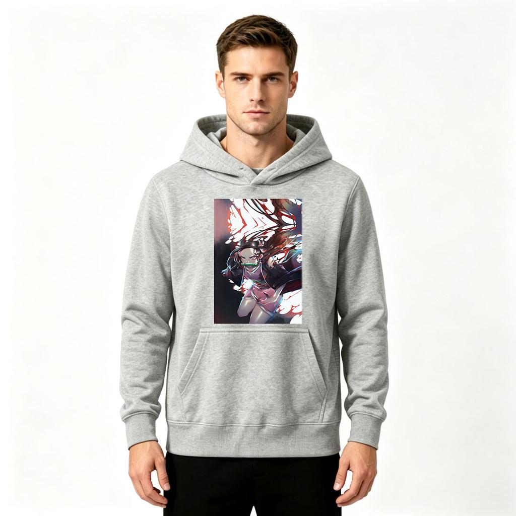 Men Anime Printed Pullover Hoodie Casual Long Sleeve Nezuko Character Graphic Hooded Sweatshirt