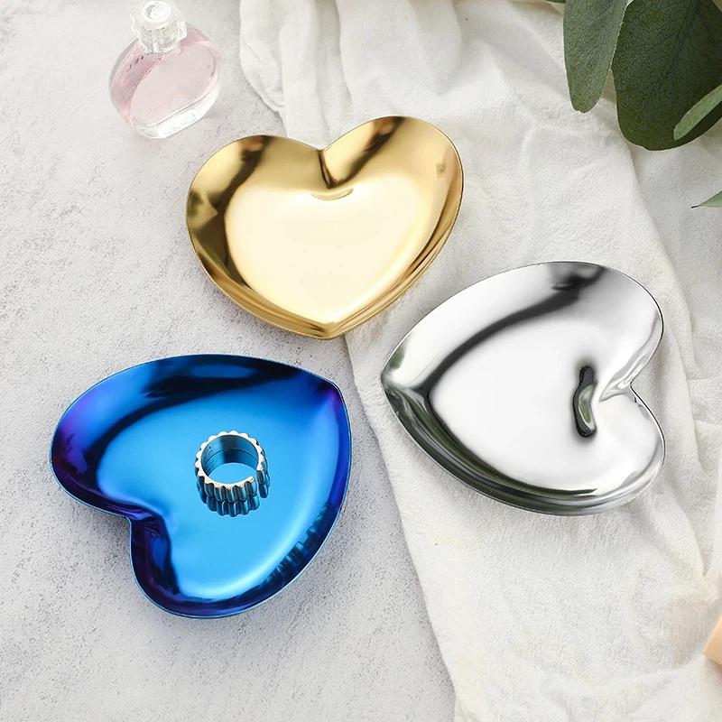 Ins Stainless Steel Water Heart Shape Cosmetics Storage Table Jewelry Tray Multi-Functional Home Dining Tray Containers