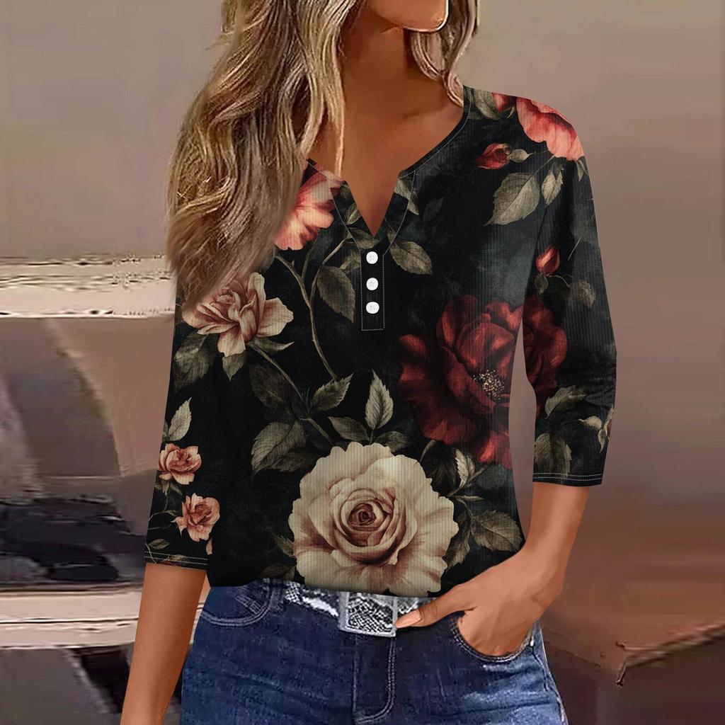 Women's T Shirt Tee Print Button 3/4 Sleeve Tunic Daily Weekend Fashion Basic V- Neck Regular Top