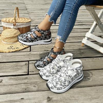 Women's Wide Width Cutout Flats, Velcro Strap Breathable Casual Shoes, Minimalist Style Slip-Ons for Women