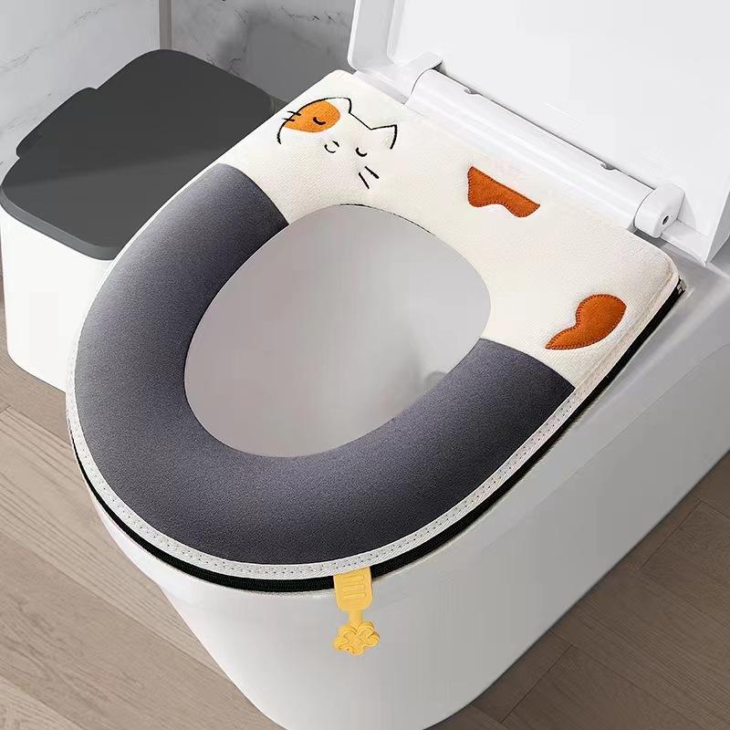 New super soft cat bump color ribbon handle winter toilet cover embroidered toilet cover