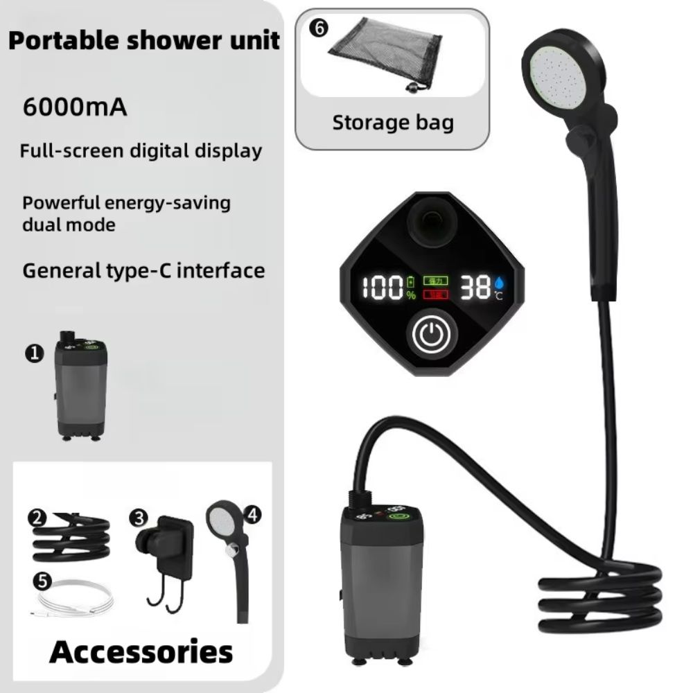 6000mAh Portable Camping Shower Intelligent LED Display Dual Speed Mode Outdoor Shower Set Waterproof Temperature Display