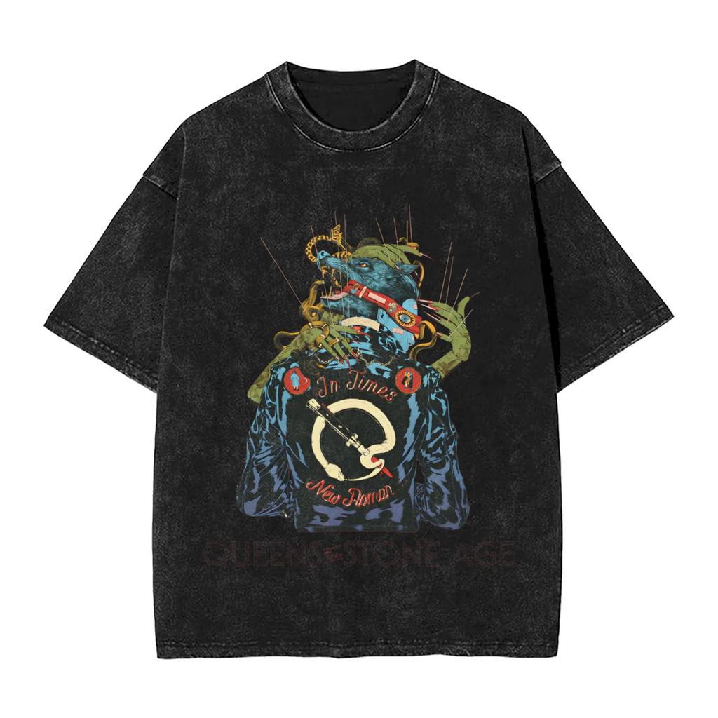 Camiseta Retro para Hombre de la Banda Queen of The Stone Age Lavada Camisetas Divertidas Manga Corta Cuello Redondo Ropa de Algodón Puro