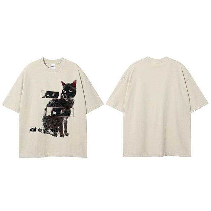 Hip Hop Faded Black TShirt Streetwear Animal Graphic T Shirt Cat Eyes Printed Men Tshirt  Cotton Tops Tees Hipster