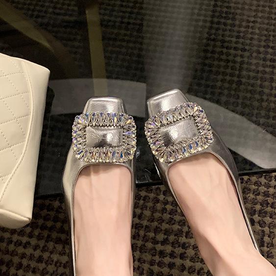 Sheepskin version~ Rhinestone light mouth French square head silver with skirt single shoes women's new leather Mary Jane shoes ladyshoes
