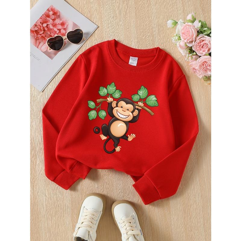 European sizes Kids' Crewneck Sweatshirt Monkey Hanging Tree Branch Green Leaves , Sportswear And Casual Wear, Soft And Comfortable