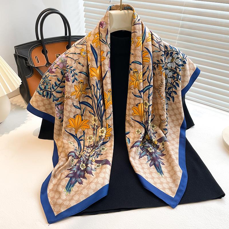 Headscarf Printed Twill Silk Large Square Scarf Small Fragrant Silk Scarf Women'S Anti-Sun Scarf Decorative Scarf Shawl 90Cm