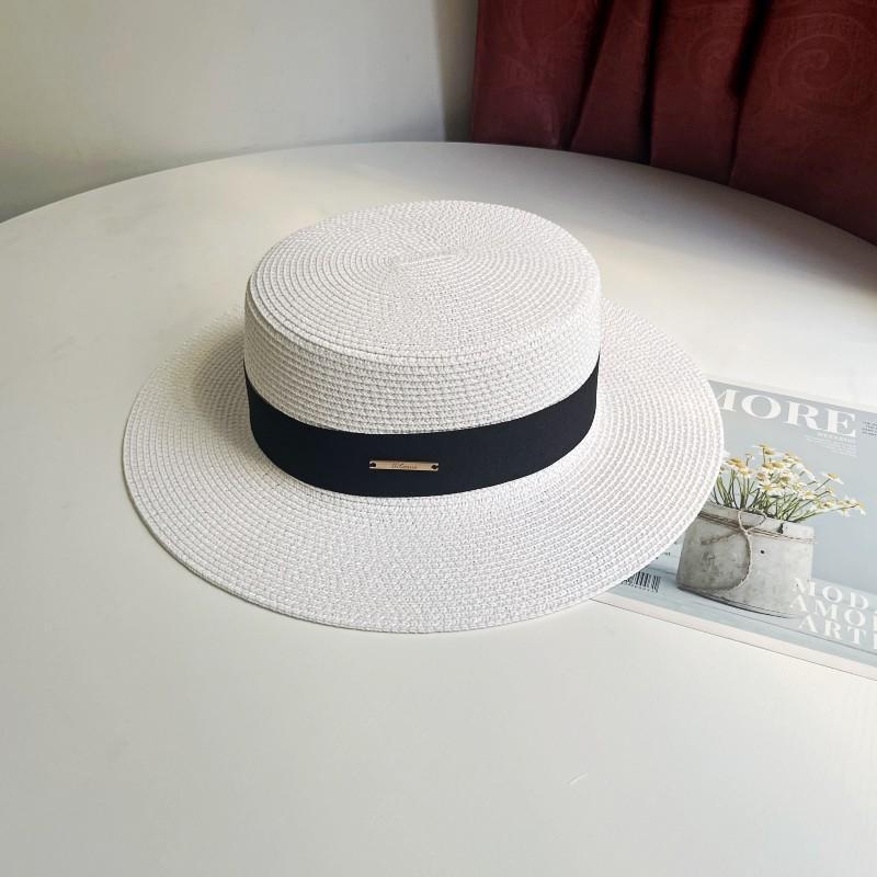 Luxury Elegant Women Summer Straw Hat Flat Top Boater Cap Folds Silk Pearl Decor Hand Weave Wide Brim Sun Hat Panama Fedora