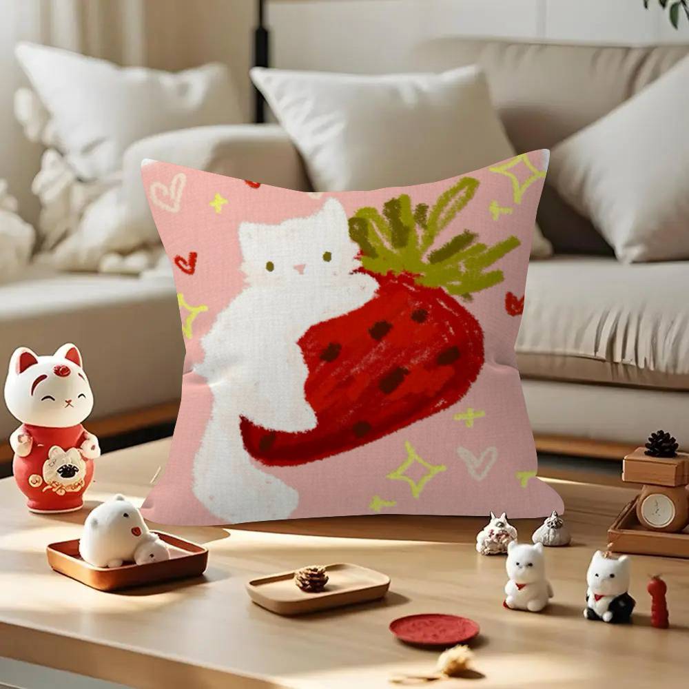 Cute Strawberry Cat   Personalized Pillow Cover Kids Bedroom Wild Party Decor Pillowcase kid Birthday shower Gift