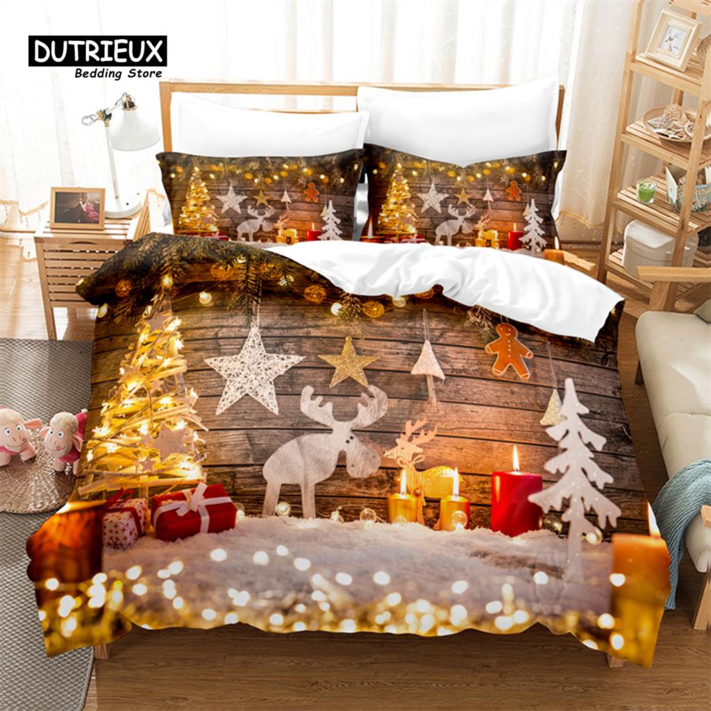 Fireplace Christmas Bedding Set, 3Pcs Duvet Cover Set, Soft Comfortable Breathable Duvet Cover, For Bedroom Guest Room Decor