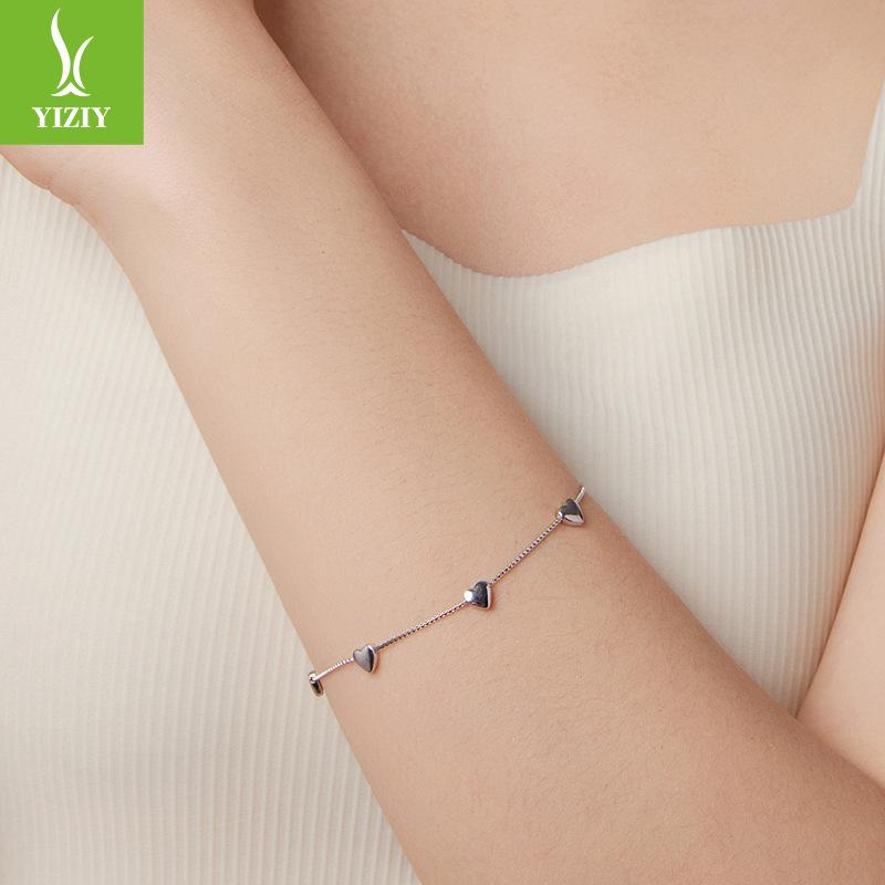 Simple Love Whole Body Silver Bracelet, Sweet Girl Heart S925 Sterling Silver Heart Bracelet Jewelry