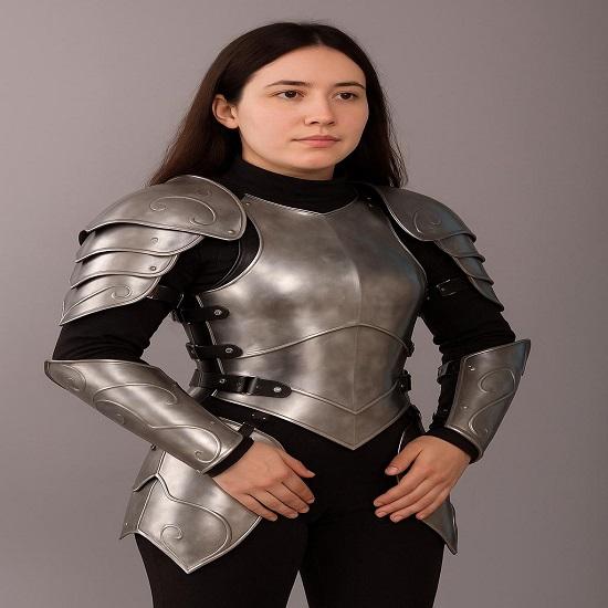 

Brave Lady Warrior Armor Suit Medieval Steel Cuirass Shoulder Guards Fantasy Cosplay and LARP Gear Best Halloween Gift For Her