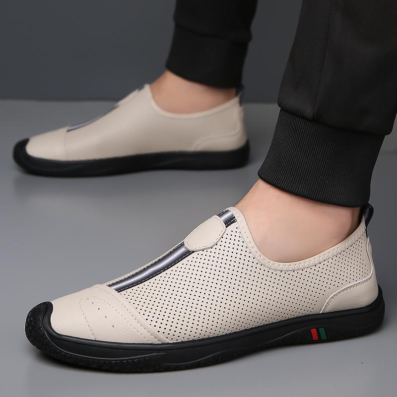 Men's Shoes 2025 Summer New Breathable Thin Hollow Hole Shoes Black Leather One-pedal Lazy Casual Leather Shoes