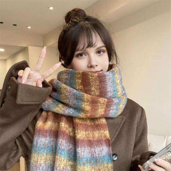 Women Scarf Plaid Pattern Cashmere Feel Plush Scarf with Tassel Decoration Travel Sweater Coat Accessory