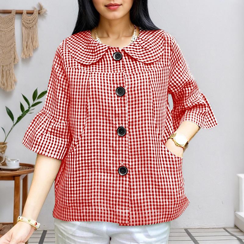 

ZANZEA Women Summer Doll Collar Casual 3/4 Sleeve Plaid Blouse 5XL червоний