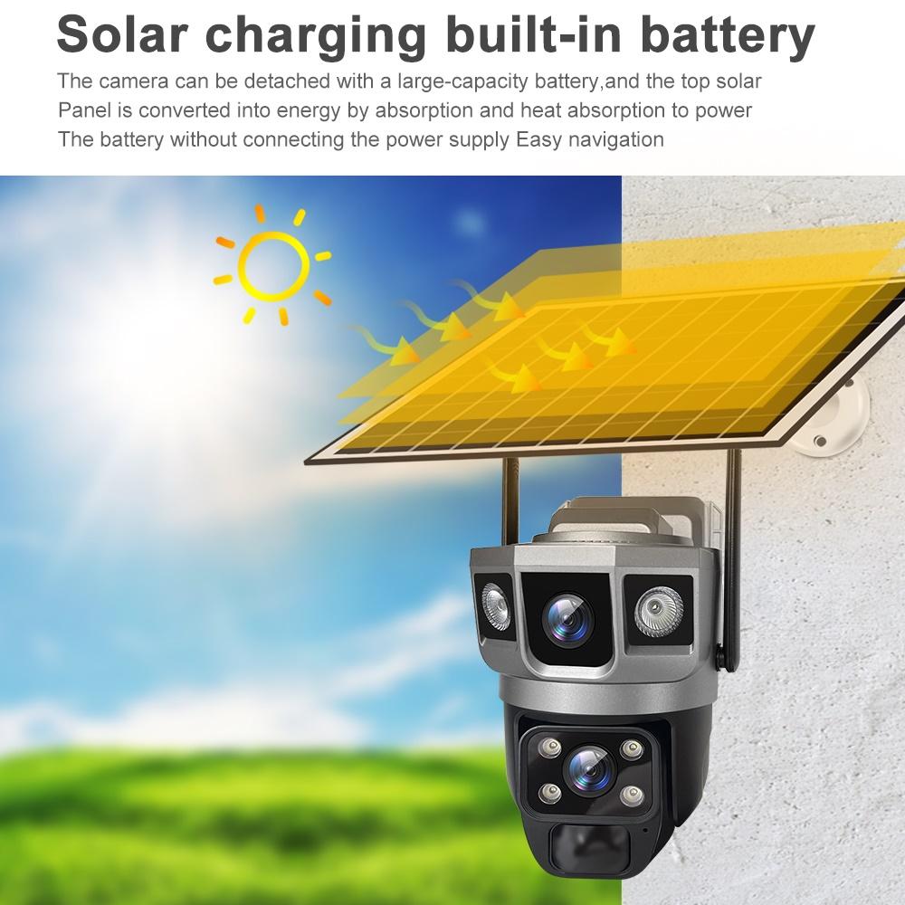 Solar-powered Surveillance Camera, HD 2-lens 3-screen Display, 10x Zoom, Automatic Human Detection Tracking, 4G/WIFI CCTV Recorder