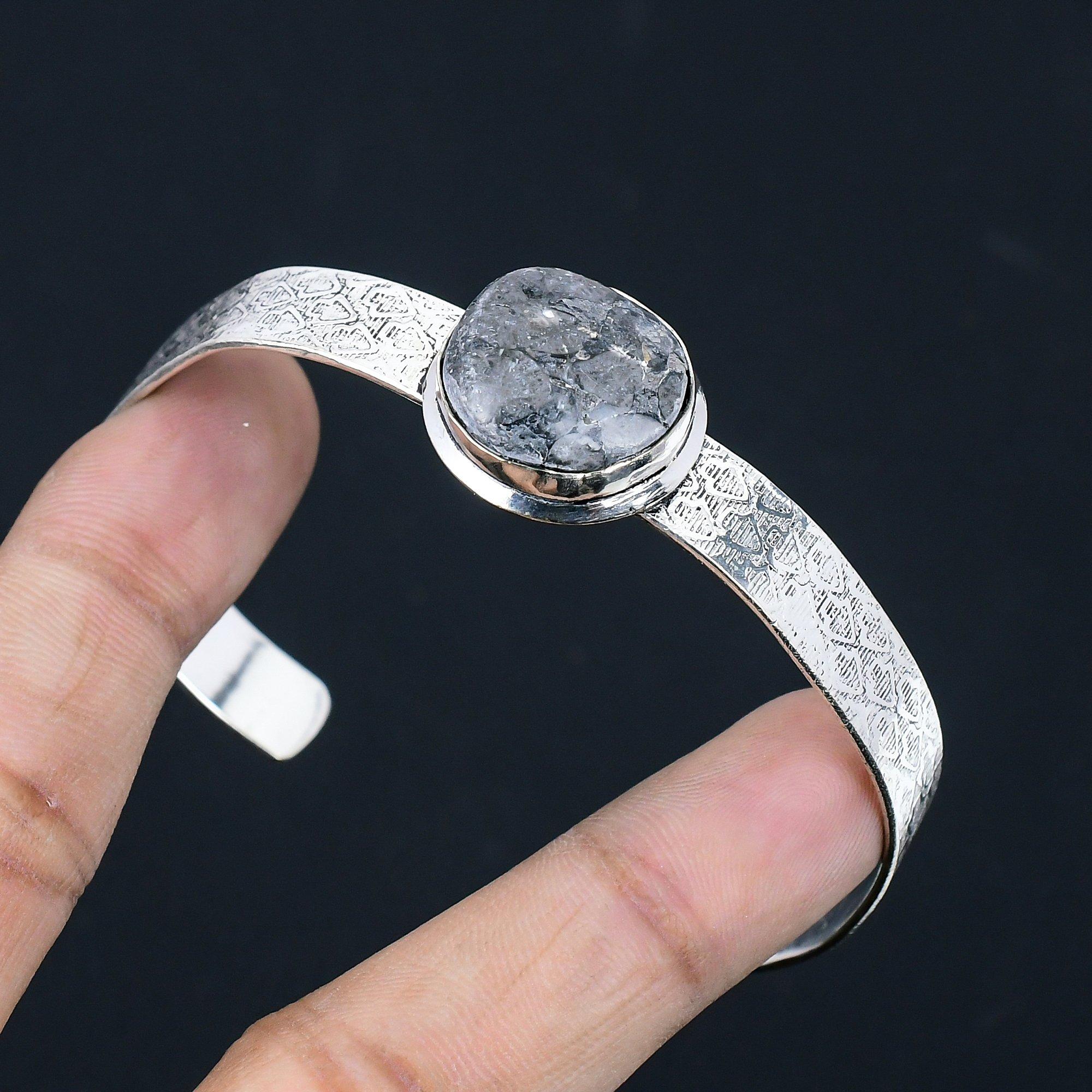 

925 Sterling Silver Black Fossil Coral Gemstone Wedding Mother Bangle Jewelry Adjustable