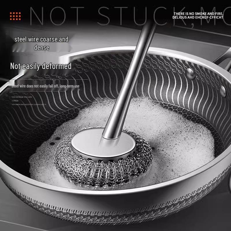 Stainless Steel Long Handle Pot & Bowl Brush with Non-Shedding Wire for Safe Dishwashing