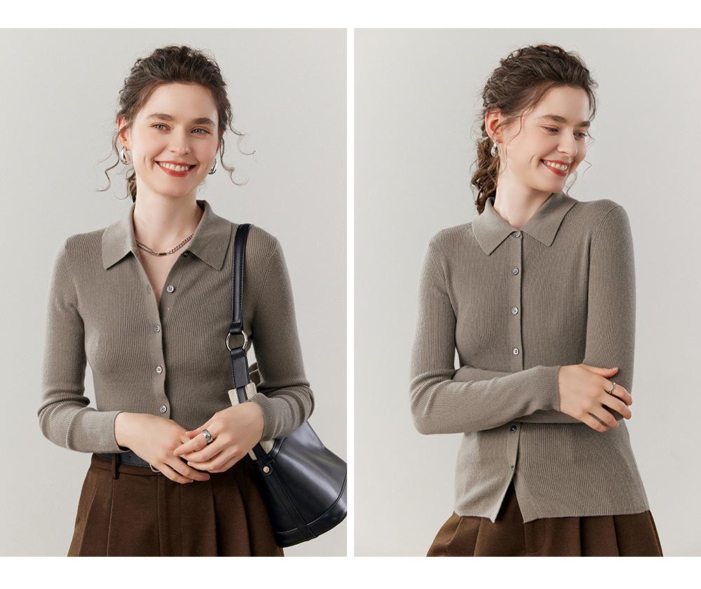 Slim Fit Polo Neck Cashmere Cardigan - Thin Wool Knit for Autumn/Winter