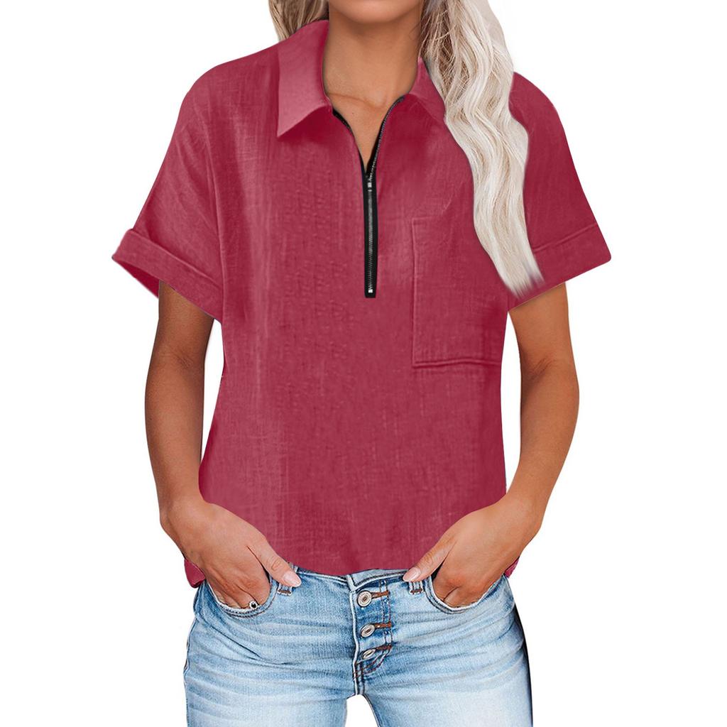 Women Summer Top Short Sleeve Fit Shirt  Fashion Casual Clothes Shirt Half Zipper Short-sleeved Top