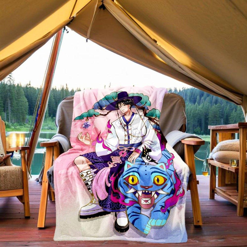 

Anime Character Art Print: Blue Tiger Companion with Hat Blanket Lightweight Flannel Throw Blanket for Sofa, Bed, Travel, Camping, Livingro 130x150cm