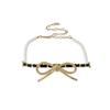 Metal Bow Calfskin Glass Pearl Choker Necklace Women Necklace Gold Black AB8496-B08183-NI326