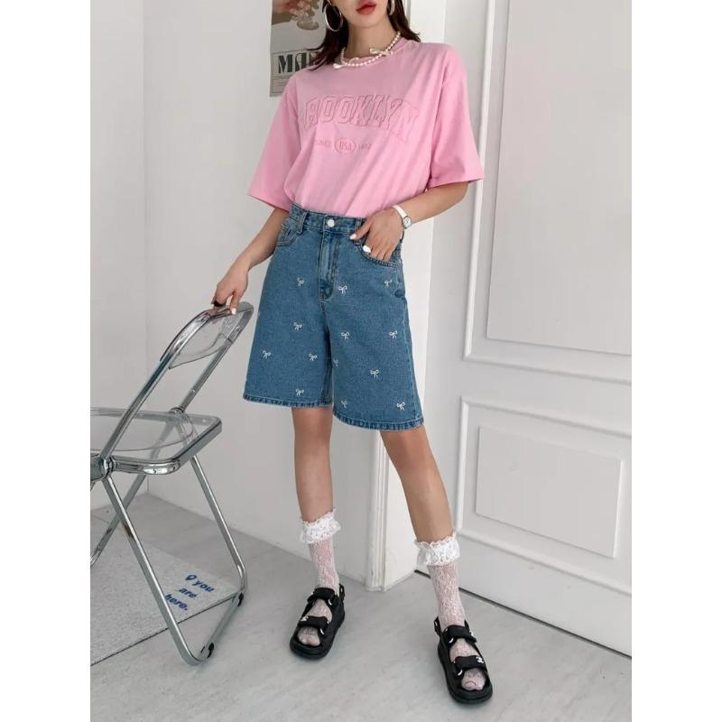 Fashion Retro Bow Large Size Loose Denim Shorts Women Casual Vintage Summer Wide Leg Pant Female Button High Waist Short Streetwear Jeans